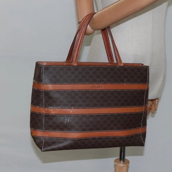 CELINE Macadam Canvas Hand Bag PVC Leather Gold Brown Auth hk2156 - Picture 1 of 16